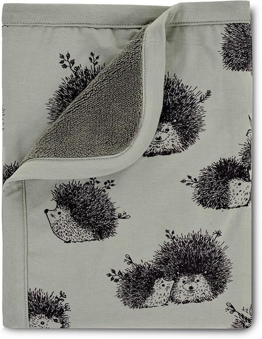 Oilo Baby Blanket, Luxury Soft Plush Backing & 100% Turkish Cotton Jersey Print, Double Layered, 30" x 40", Rolled Jersey Edge Trim, Machine Washable, Perfect for Infant or Toddlers, Olive, Hedgehog