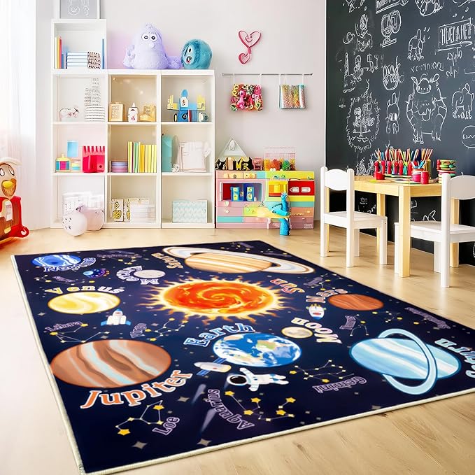 Kids Rugs for Playroom, 8x10 Feet Educational Rug for Learn The ABC Alphabet, Soft Machine Washable Non-Slip Cute Space Galaxy Carpet for Classroom Toddler Nursery Kids Room Decor Mat