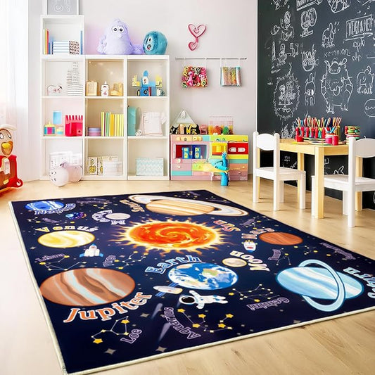 Kids Rugs for Playroom, 8x10 Feet Educational Rug for Learn The ABC Alphabet, Soft Machine Washable Non-Slip Cute Space Galaxy Carpet for Classroom Toddler Nursery Kids Room Decor Mat