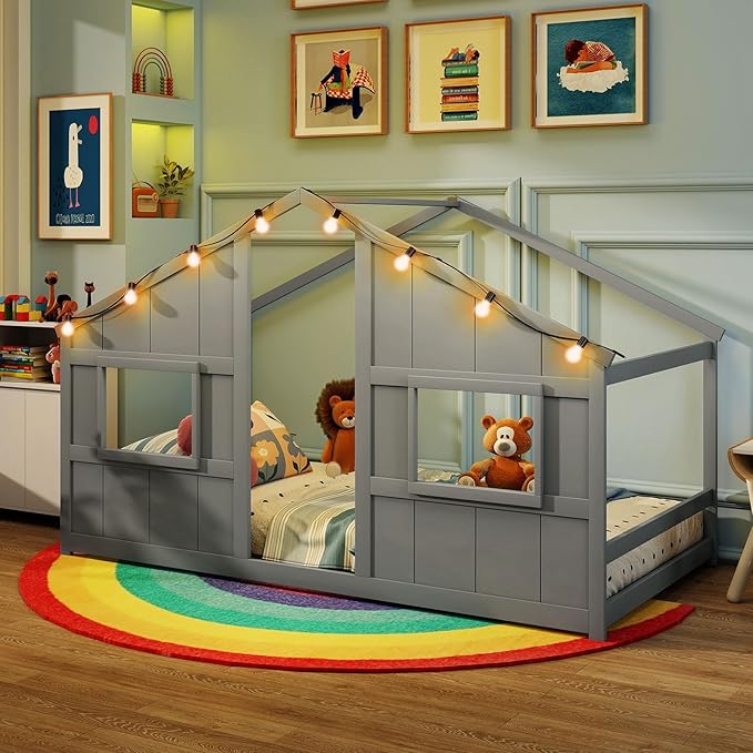 Twin Montessori Floor Bed with Roof, LED Light, Wood House Bed Frame with Headboard and 2 Windows, Low to Ground Cute Playhouse Bed for Kids, Girls, Boys, Without Slats (Grey)