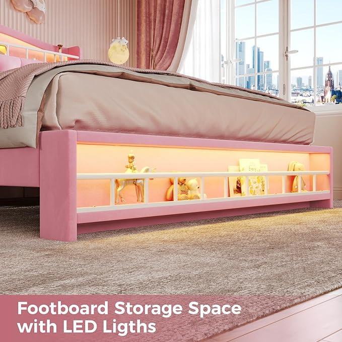 BTHFST Full Szie Girls Bed with LED Lights & Charging Station, Princess Full Size Bed Frame with Hidden Storage Headborad, Sturdy Platform Bed, No Box Spring Needed/Noise-Free/Easy Assembly, Pink