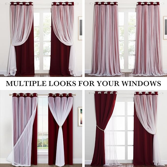 PONY DANCE Red Blackout Curtains 95 inches Long 2 Panels Set Solid Blackout Drapes with White Sheer Overlay, 52 Inch Width Draperies for Home Decoration with Extra Tiebacks,Living Room Curtains