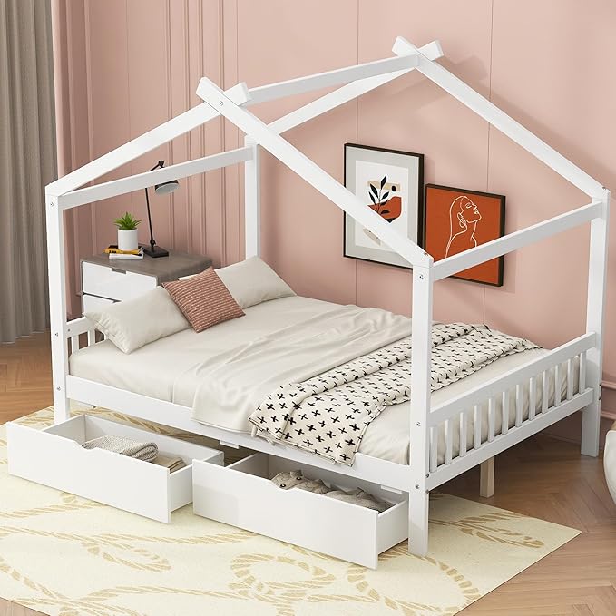 Harper & Bright Designs Full Size House Bed Frame for Kids, Wood Playhouse Platform Bed Frame with Two Drawers and Fence, Roof Design, White