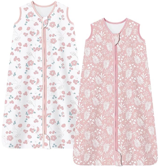 Baby Sleep Sack 6-12 Months 0.5 TOG, 100% Cotton Baby Wearable Blanket with 2-Way Zipper, Infant Toddler Sleeping Sack for Newborn Boys and Girls, Flowers & Leaves