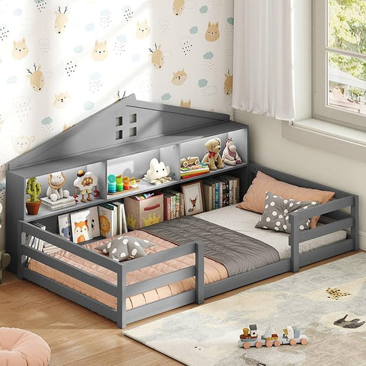KOMFOTT Twin Floor Bed with Bookcase & LED Light, Wood Bed Frame with Bedside Bookshelves & Guardrails, Versatile 2-in-1 Montessori Floor Bed for Kids (Twin with Led Light,Grey)