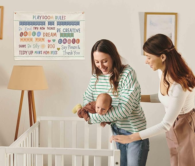 Playroom Kids Toddler Room Wall Decor, Play Room Rules Wall Decor for Kids Play Game Room Bedroom Nursery Home School Playroom Essentials,Canvas Rectangular Banner Poster 28.5x20 Inch