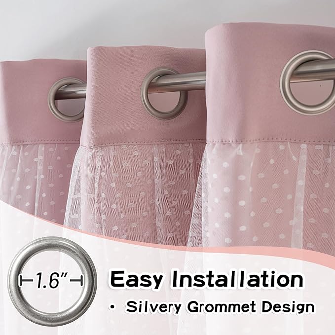 MYSKY HOME Pink Curtains for Girls Bedroom & Nursery Kids Blackout Cute Curtains Double Layer with Polka Dots Sheer, Grommet Tops, 52x84 Inch, 2 Panels