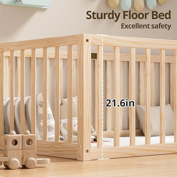 LLS Twin Size High Fence Floor Bed, Solid Wood Multifunctional Montessori Bed Frame with Door for Toddler Kids, Without Slats, Natural