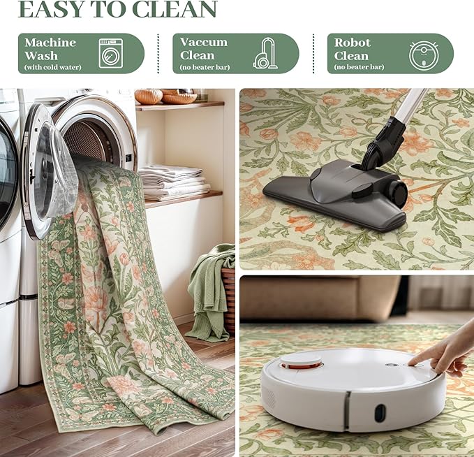Collive 8x10 Butterfly Rugs for Living Room, Vintage Insect Girls Bedroom Area Rug Washable, Boho Floral Non Slip Large Floor Carpet for Dining Room Kids Room, Grass Green