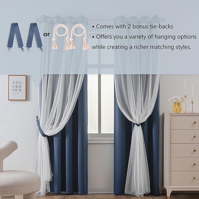 MYSKY HOME Navy Blue Blackout Curtains for Girls Bedroom & Nursery Kids Cute Curtains Double Layer with Polka Dots Sheer, Grommet Tops, 52x95 Inch Each Panel, 2 Panels