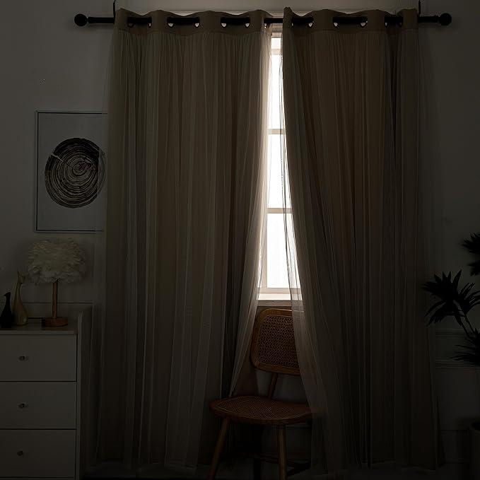 INLINAS Beige Blackout Curtains with Sheer Overlay - Back Tab and Rod Pocket Thermal and Noise Reduction Panels for Bedroom and Living Room Light Blocking and Energy Saving, 52 x 63 Inches, Set of 2