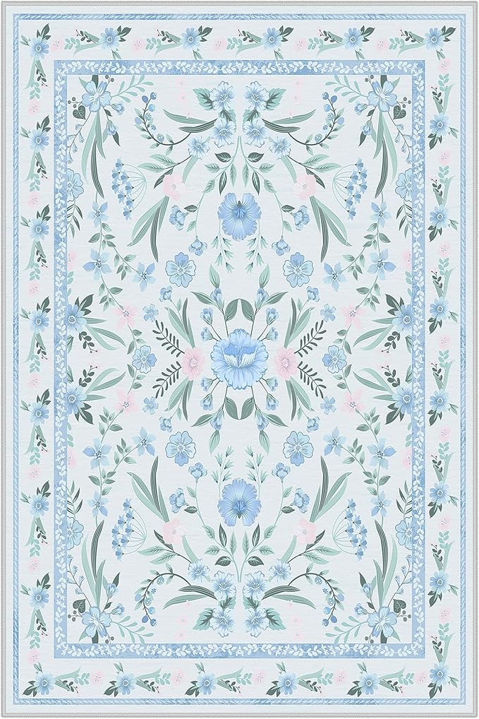 Blue Floral Rug 4x6 for Girls Bedroom, Washable Non-Slip Boho Area Rug, Soft Ultra-Thin Carpet for Nursery, Kids Room, Dorm, Living Room or Playroom