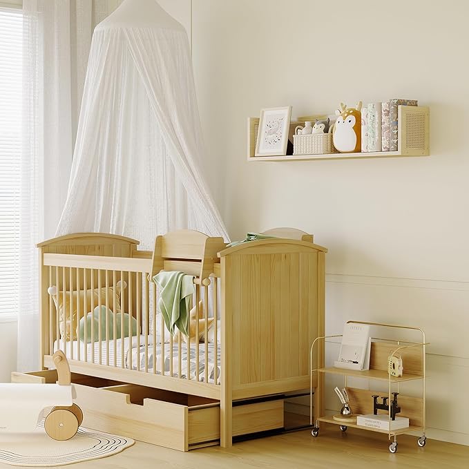 Rattan Wall Shelf - 36 Inch Long Natural Pine Wood Floating Wicker Shelf for Neutral Nursery Decor and Living Room, Bedroom