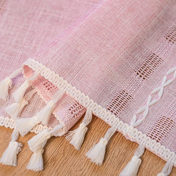 Deeprove Boho Valance Kitchen Short Curtain Tassel, Textured Striped Drape Light Filtering Tier Embroidered Chic Window Treatment for Cafe Dinging Room Closet, W52 x L18 inch SINGLE 1 Panel Blush Pink