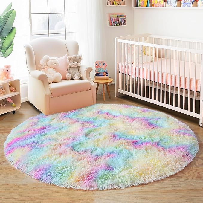 6‘x6’ Rainbow Round Rugs for Girls Bedroom, Ultra Soft Fluffy Circle Rug for Kids Room, Cute Shag Rugs for Living Room Playroom Tent Castle Home Decor Rug