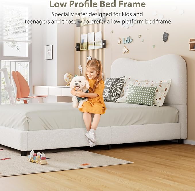 Senfot White Boucle Bed Frame with Upholstered Headboard, Soft Low Profile Sturdy Platform Bed with Rounded Corners Design, Heavy Duty, Wooden Slats, Noise Free, No Box Spring Needed, Full Size