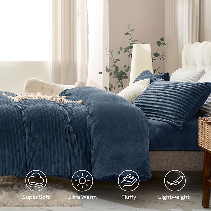 JELLYMONI Plush Duvet Cover Set - Queen Size Navy Blue Striped Fluffy Comforter Cover 3pcs Bedding Set Luxury Ultra Soft Faux Fur Duvet Cover with Zipper and 2 Pillowcases (NO Comforter)