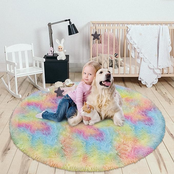 4x4 ft Rainbow Fluffy Round Rug for Girls Bedroom,Colorful Soft Shaggy Circular Area Rug Kids Cute Fuzzy Carpet Furry for LivingRoom Nursery Dorm Playroom Room Unicorn Decor Reading Nook Mat