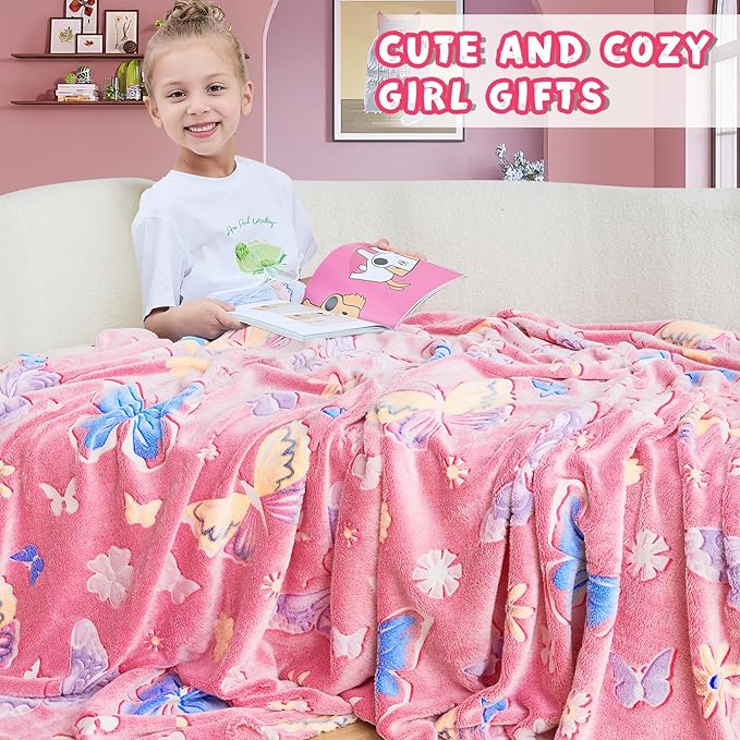 inhand Butterfly Toys for 2 3 4 5 6 7 8 9 10 Year Old Girls,Girl Birthday Gifts Glow in The Dark Blanket Butterfly Soft Fleece Decorations for Kids Room（50"X60" Pink Butterfly）