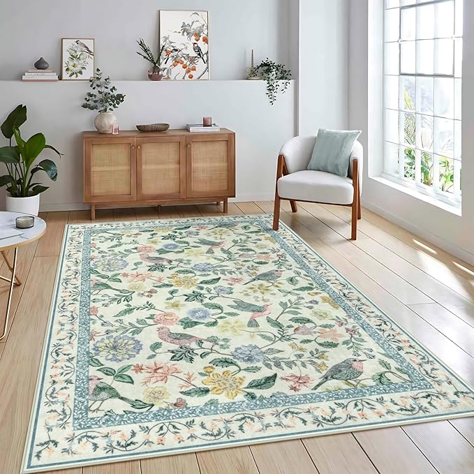 Green Floral 5x7 Area Rug, Washable Non-Slip Boho Rugs for Living Room Low Pile Flower Birds Bedroom Rug, Soft Non-Shedding Botanical Indoor Carpet for Nursery Playroom Dining Room