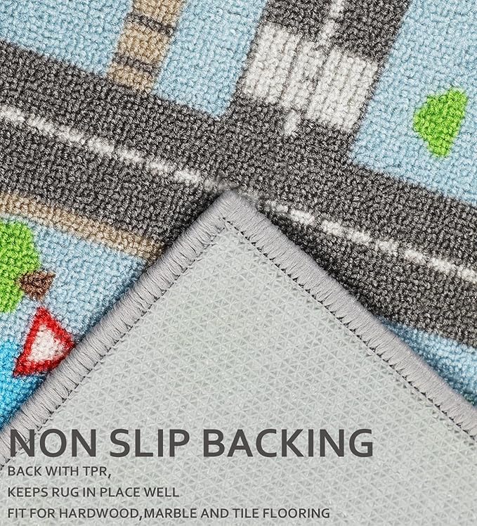 Kids Carpet Playmat Rug 5'2''x3'3'', Kids Rugs for Bedroom, Non-Slip Town City Road Map Car Rugs for Kids Toy Cars, Track Carpet Play Rug for Playroom Classroom Decor (Sky Blue)