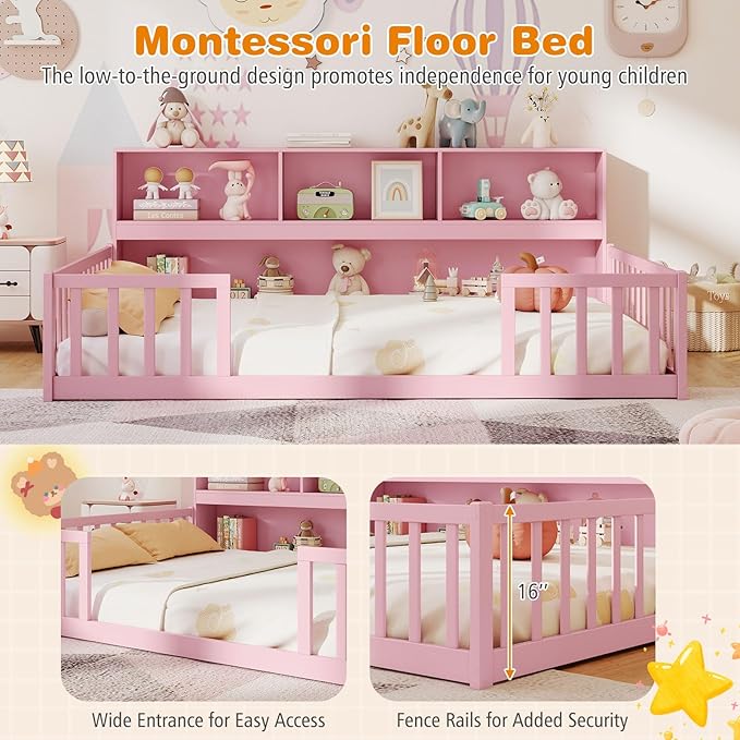 Giantex Full Size Floor Bed for Kids, Wooden Montessori Bed Frame with Bookcase, Storage Shelves & Safety Fence Rails, Floor Beds Full for Girls, Boys, No Box Spring Needed, Without Slats, Pink