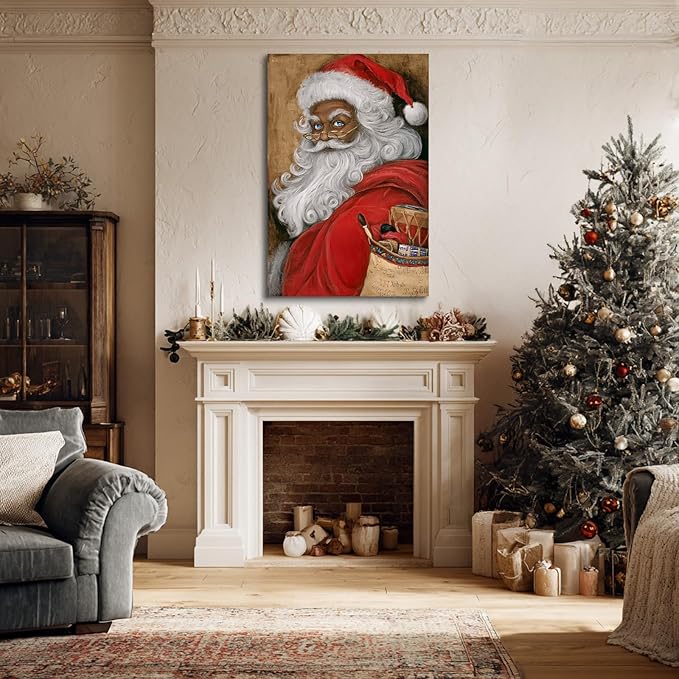YONICA Christmas Canvas Wall Art Vintage Santa 12x18 Inch Retro Gift Bag with Toys - Large Framed Gallery Wrapped Traditional Decor