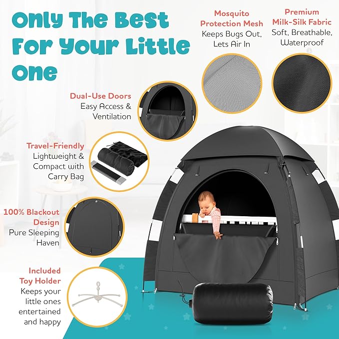 YoungMinds Blackout Baby Crib Tent - Waterproof Sleep Pod Fits for Travel Pack and Play, Milk Silk Fabric, Kids Black Out Cover Mosquito Net Tent with Toy Holder, Pack N Play Canopy Blocks Light