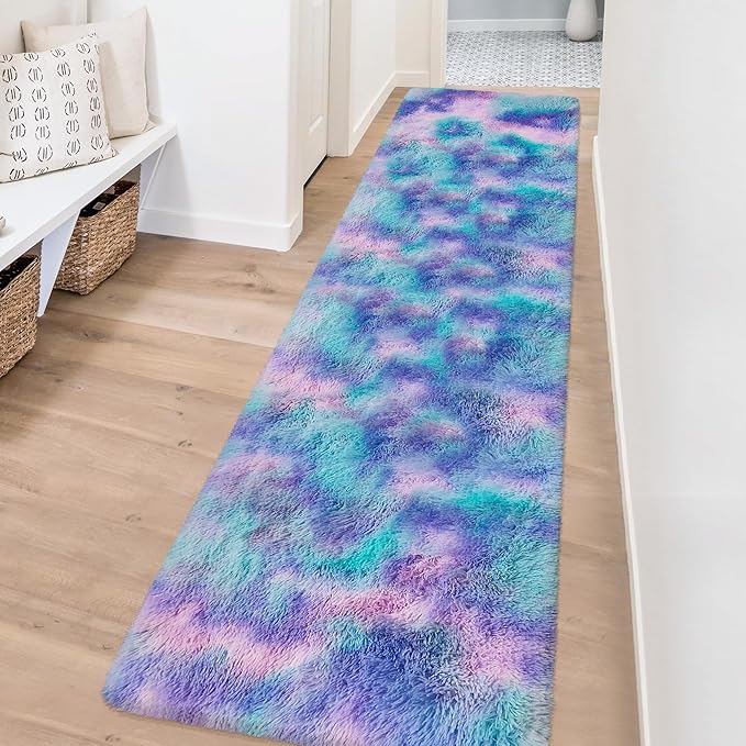 Shaggy Tie Dyed Light Blue Purple Runner Rug 2x8 ft Bedside Area Rugs for Living Room, Anti-Skid Extra Comfy Fluffy Floor Carpet for Indoor Hallway Home Decorative