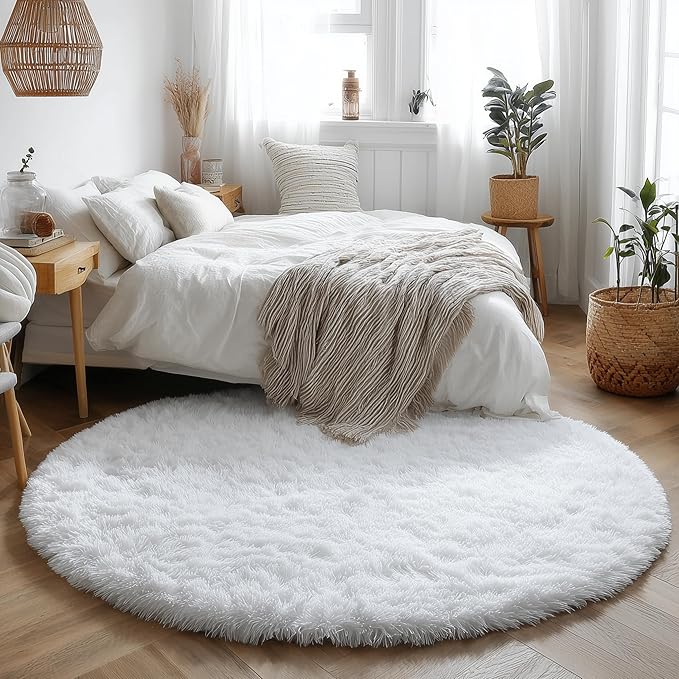White Round Rug 6Ft for Bedroom, Washable Circle Area Rugs for Living Room, Large Soft Fluffy Shaggy Carpet for Teen Girls Boys, Kids Home Decor Aesthetic, Plush Throw Rugs for Dorm Nursery Playroom