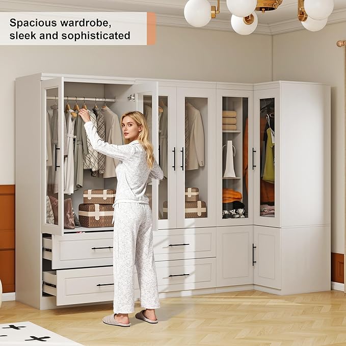 White Armoire Wardrobe Closet with 6 Door: Combination Corner Wood Wardrobe Closet Bedroom Armoire 4 Drawer with Hanging Rods for Home/Bedroom/Living Room