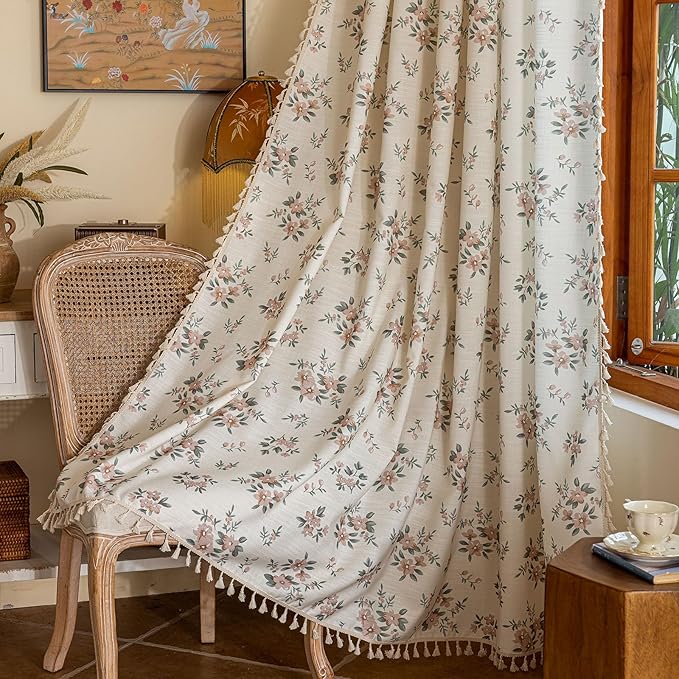 OYX Pink Boho Floral Window Curtains 84 Inch Long 2 Panels, French Vintage Farmhouse Vintage Country Rustic Tassels Printed Drapes for Living Room Bedroom, Rod Pocket Light Filtering Decor Aesthetic