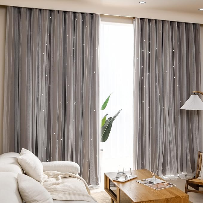 Kinryb Kids Blackout Curtains for Bedroom/Living Room/Classroom, Sheer Overlay 2 Free Tiebacks, Double Layer Curtains with Star Cutout for Kids Room(Each Piece W 70 x L 84 Inches 2 Pcs Coffe)