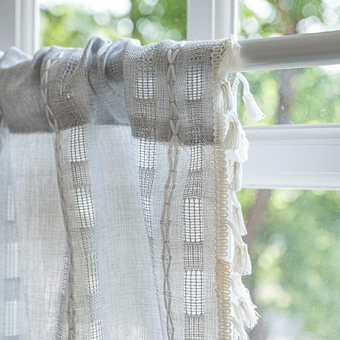 Deeprove Boho Valance Kitchen Short Curtain Tassel, Textured Striped Drape Tier Embroidered Shabby Chic Window Treatment for Cafe Dinging Room Closet, W52 x L18 inch Single 1 Panel Silver Grey