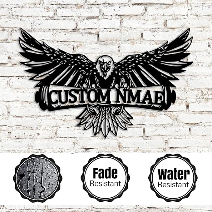 Personalized Eagle Metal Wall Art, Custom Name Sign, 8-24 Inch Black Iron Wall Decor for Indoor Outdoor, Nature-Themed Home Decoration
