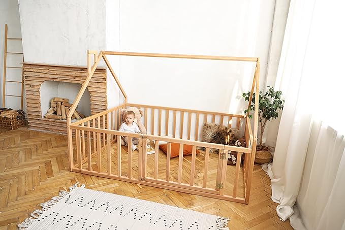 BUSY WOOD Montessori Bed with Railings - Floor Twin Bedframe for Toddlers 1-3 - Full Size Montessori Floor Bed, Queen, King, Small - 7 Colors (Model 17)