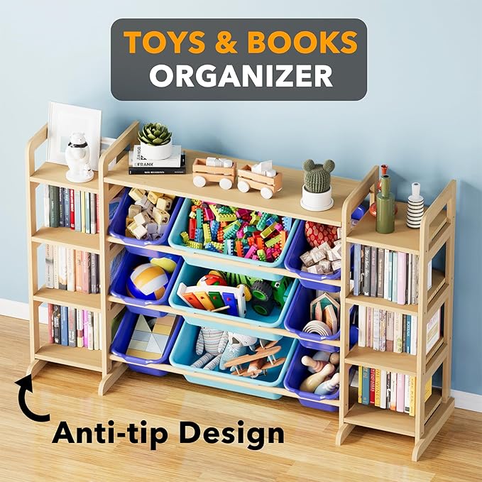 SpaceAid Large Toy Storage Organizer 9 Shelves 9 Bins, Toy Organizers Storage Bookshelf, Kids Bin Shelf Toys Box Bookcase for Bedroom Playroom Organization Room Decor, Blue and Navy Blue