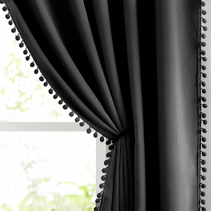 Treatmentex Black Pompom Curtains for Bedroom Living Room 95 inch Triple Weave Full Blackout Window Curtain Panels for Hotel Men's Guest Room Drapes 52" w x2 Panels Rod Pocket
