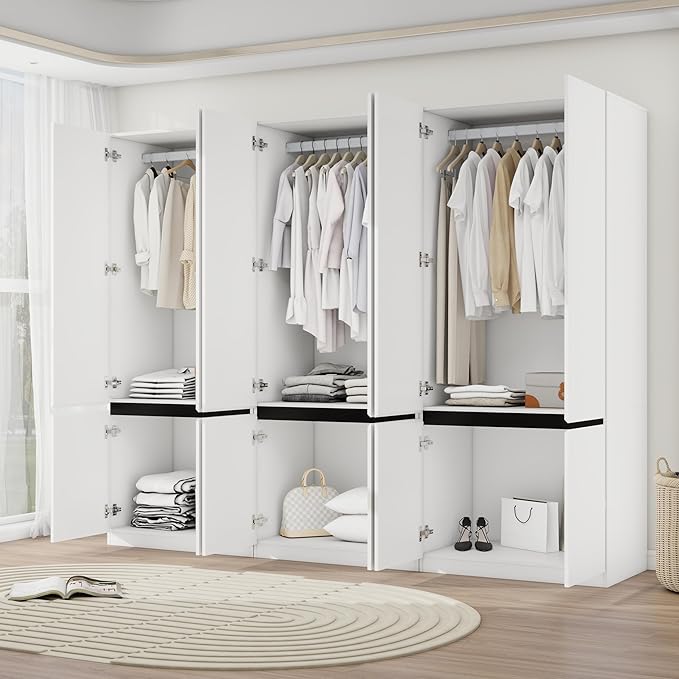 Armoire Wardrobe Closet with Doors: 75" White Large Wardrobe Closet with 6 Doors, Clothes Cabinets for Bedroom Armoires with Storage, Wood Wardrobes Closets for Hanging Clothes(C+C+C, 94.5")