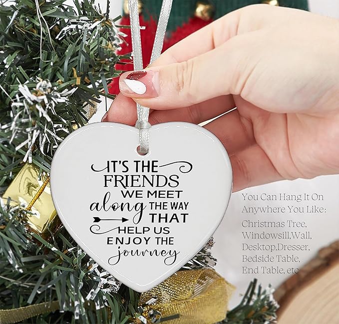 Heart Shaped Christmas Ornament-Friendship Gift for Best Friend BFF Soul Sister Birthday Thank You Present Keepsake It’s The Friends We Meet Along The Way Ceramic Decor with Box