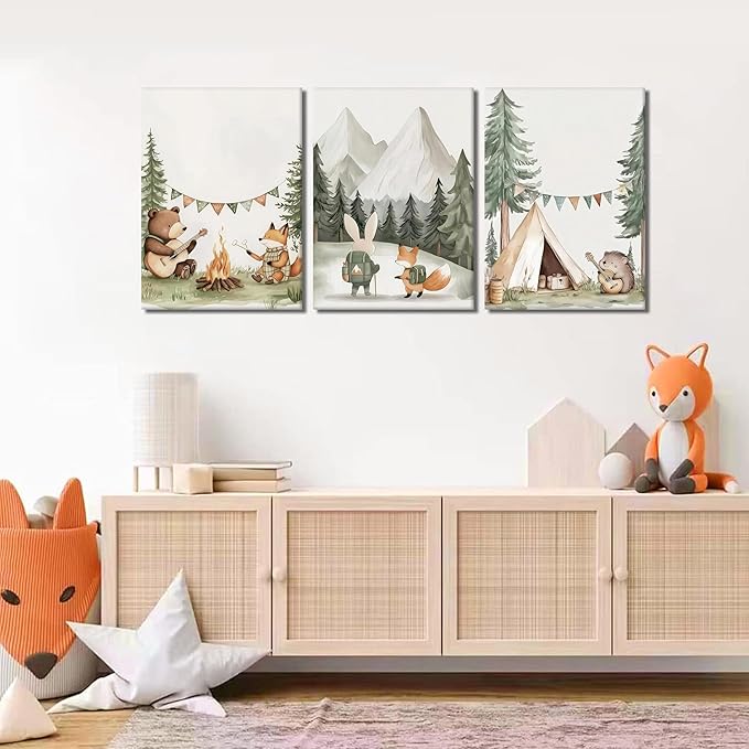 AKWISH Nursery Woodland Animals Canvas Wall Art, Cute brave Bear Fox Rabbit Hedgehog Nursery Wall Decor, Framed Wildlife Camping Picture Prints for Kids Room Baby Bedroom – 12x16in