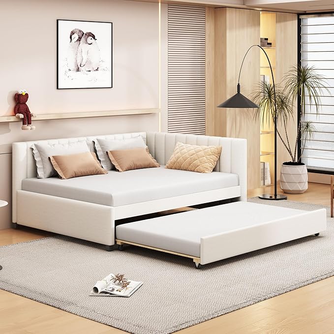 Harper & Bright Designs Full Size Upholstered Daybed with Trundle Sofa Bed Frame for Boys Girls Kids Adults Toddler No Box Spring Needed, Linen Fabric(Beige)