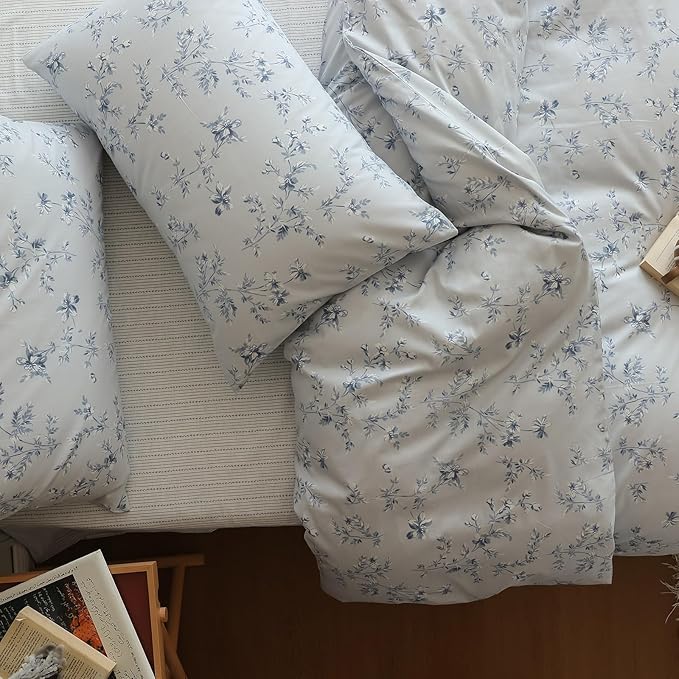 LifeTB Vintage Blue Floral Duvet Cover Queen 100% Cotton Retro Flower Bedding Comforter Cover Boho Garden Floral Bedding Set Farmhouse Cottagecore Duvet Cover with Zipper Closure 4 Ties