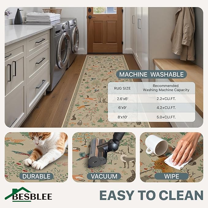 Runner Rug Non Slip 2'6''x 6', Floral Animal Print Rug Machine Washable Rug, Non Slip Low Pile Hallway Runner Carpet for Kitchen, Laundry, Bedroom, Bathroom, Light Taupe