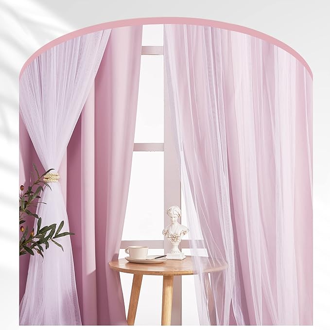 PONY DANCE Girls Blackout Curtains with Sheer Overlay Pink Double Layer Grommet Drapes Mix and Match with White Sheer Room Darkening Curtains for Nursery/Bedroom with Tiebacks (52x95, Set of 2 Panels)