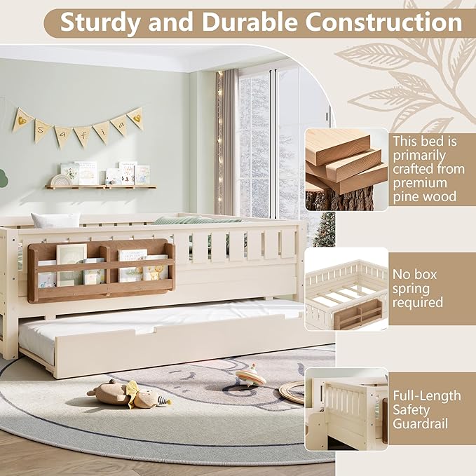 Bellemave Full Bed with Trundle and Stairs, Full Size Platform Bed Frame with Fence and Bookshelf, Easy Assemble Beds for Kids, Girls, Boys, Beige