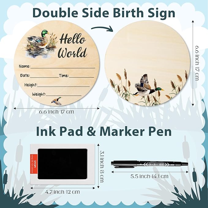 R HORSE Baby Birth Announcement Sign with Marker Pen, Mallard Duck Baby Name Sign with Ink Pad for Hand and Footprints, Wooden Hello World Newborn Announcement Nursery Decor Keepsake Gifts