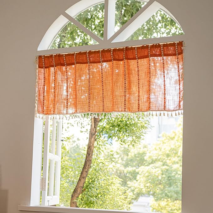 Deeprove Orange Boho Curtain Valance for Cafe Kitchen Closet Doorway Cottage Decor, Burnt Sheer Bohemian Farmhouse Cotton Linen Short Panel Tassel Vintage Chic Window Drape, W52 x L18, 1 Piece