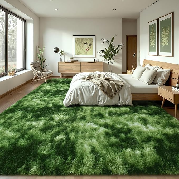 EVOIONOS Ultra Soft Area Rug Bedroom, 4x6 Machine Washable Fluffy Shag Rug Living Room, Plush Non Slip Carpet Indoor Floor Bedside Nursery Kids Girls Room Dorm, Home Decor Aesthetic, Tie-Dyed Green