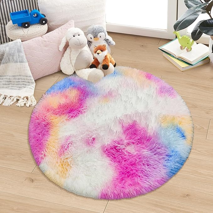 Rainbow Round Rugs 3ft Kids Rugs for Girls Bedroom, Fluffy Princess Shag Carpet Unicorn Rugs Room Decor, Small Circle Area Rugs for Baby Nursery, Toddler Room Decor